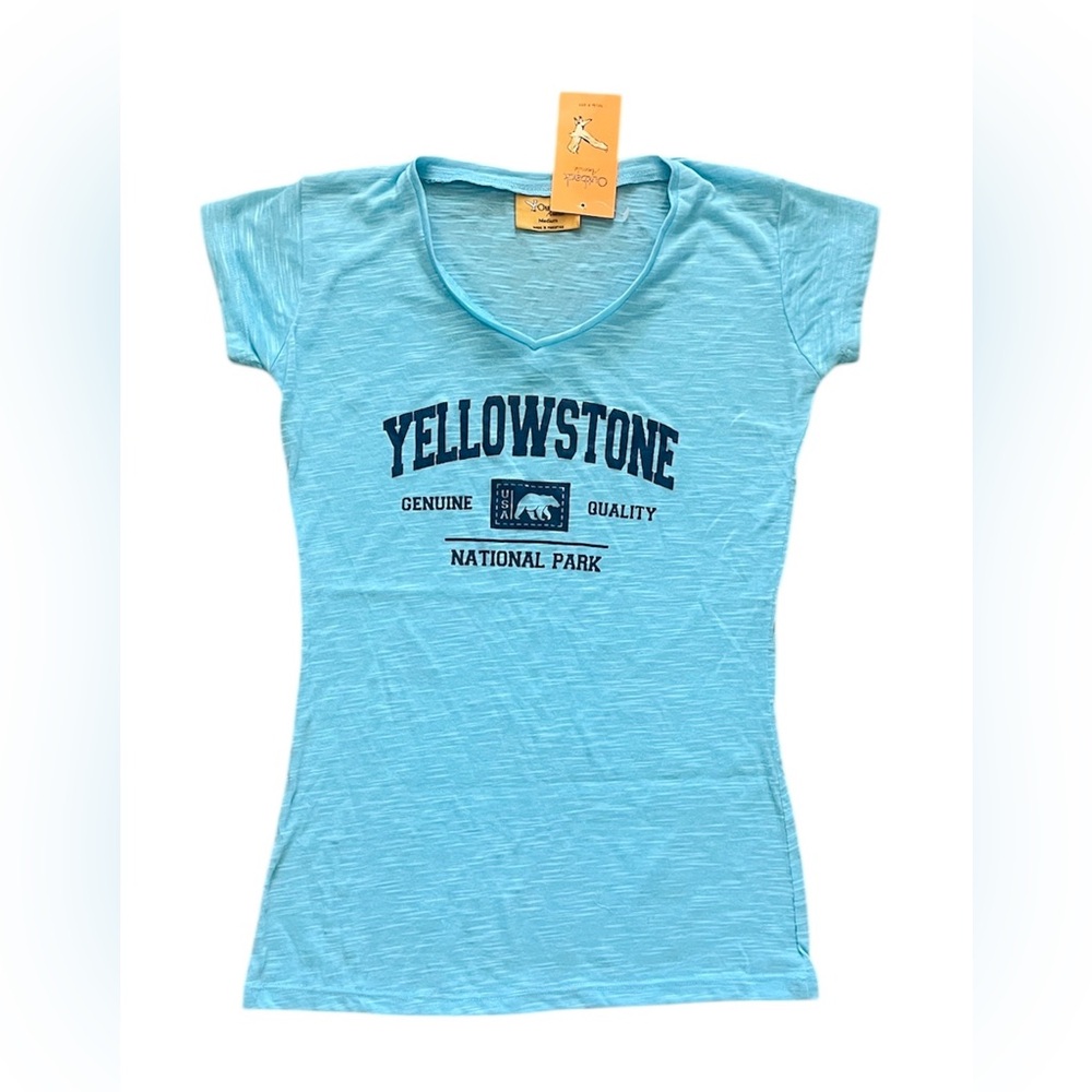 New Yellowstone Blue Graphic v neck T-Shirt size medium